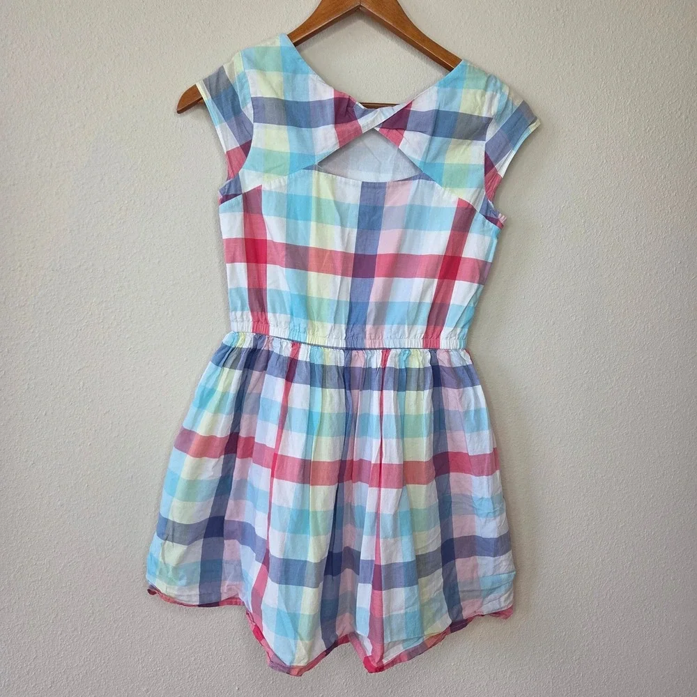 Gap Kids Girls XL 12 Rainbow Plaid Cotton Dress Cutout Back Pastel Summer